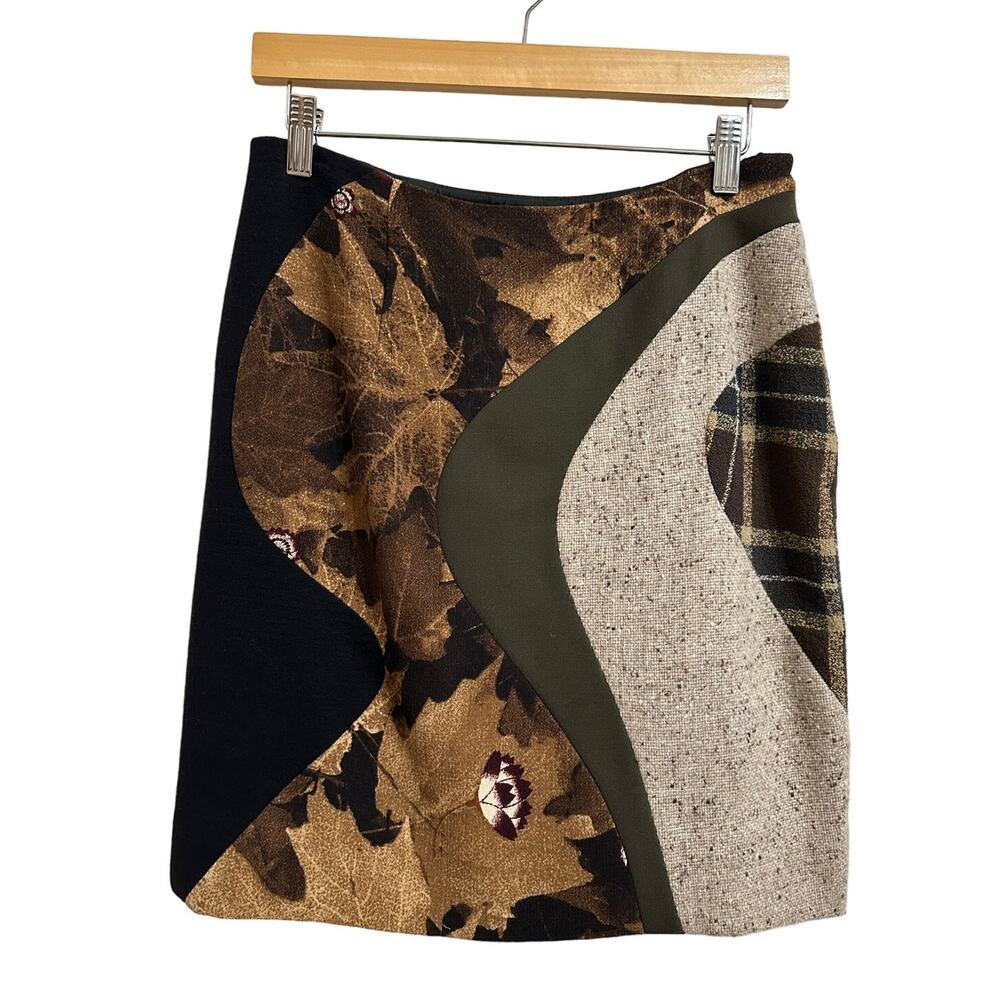 Moschino Couture vintage women's wool silk multi print plaid leaves skirt 10